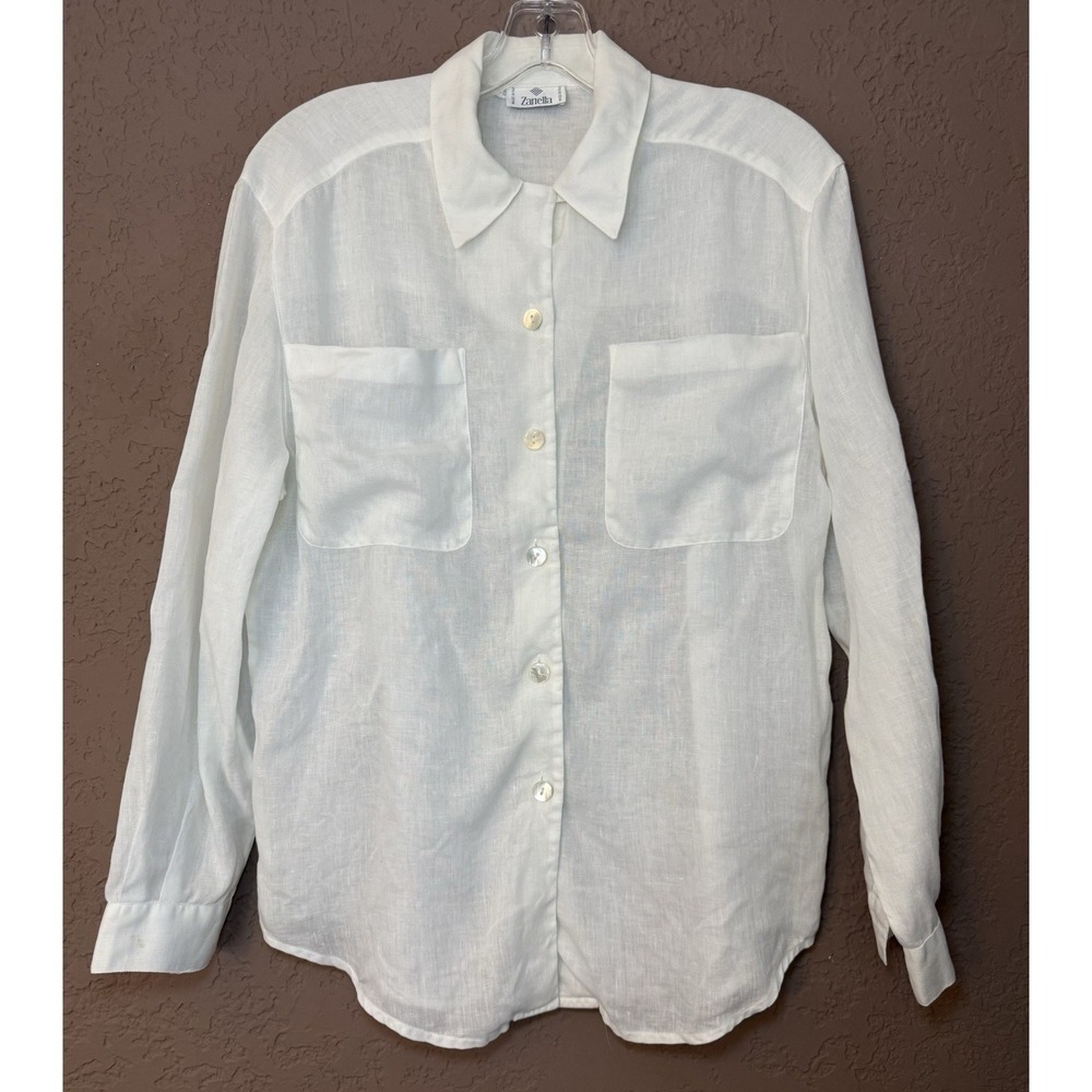 ZANELLA ITALY‎ Women 100% Linen White Button Up Long Sleeve Big Pocket Shirt 38